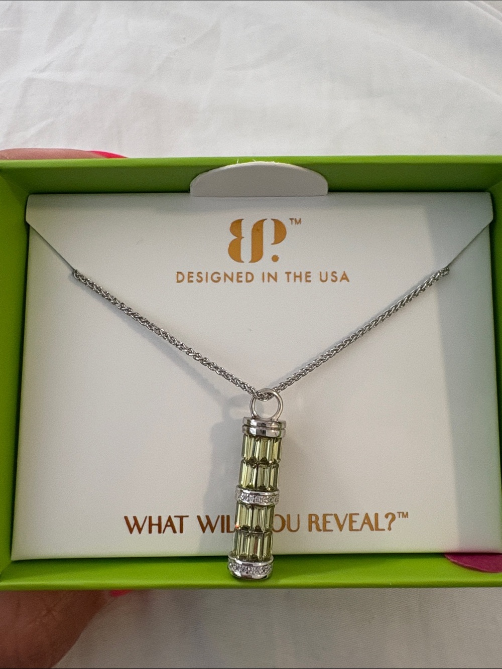 Silver Necklace with Light Green Crystal Cylinder Pendant